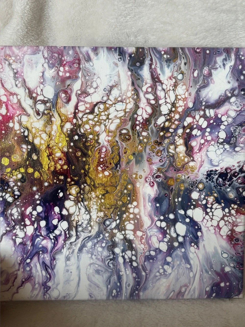 Original Acrylic Pour Painting 10x10 Pink Purple Gold Geode Abstract Fluid Art